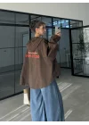 Sırtı Nakışlı Oversize Kapşonlu Kahve Ceket