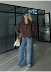 Sırtı Nakışlı Oversize Kapşonlu Kahve Ceket