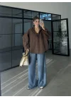 Sırtı Nakışlı Oversize Kapşonlu Kahve Ceket