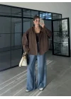 Sırtı Nakışlı Oversize Kapşonlu Kahve Ceket