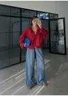 Sırtı Nakışlı Oversize Kapşonlu Kırmızı Ceket