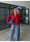 Sırtı Nakışlı Oversize Kapşonlu Kırmızı Ceket