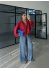 Sırtı Nakışlı Oversize Kapşonlu Kırmızı Ceket