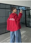 Sırtı Nakışlı Oversize Kapşonlu Kırmızı Ceket