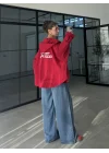 Sırtı Nakışlı Oversize Kapşonlu Kırmızı Ceket