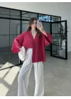 Sofi Tek Düğme Oversize Tensel Kırmızı Gömlek
