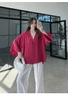 Sofi Tek Düğme Oversize Tensel Kırmızı Gömlek