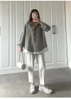 Tasarım Parçalı Çizgili Haki Poplin Gömlek