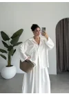 Tek Cepli Keten Oversize Beyaz Gömlek