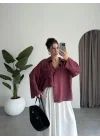 Tek Cepli Keten Oversize Bordo Gömlek