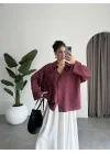 Tek Cepli Keten Oversize Bordo Gömlek