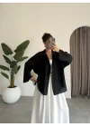 Tek Cepli Keten Oversize Siyah Gömlek