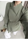 Tek Düğme Kuşaklı Haki Tensel Ceket