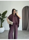 Tül Detaylı Mürdüm Bluz Takım
