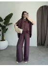 Tül Detaylı Mürdüm Bluz Takım