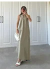V Yaka Keten Uzun Oversize Cepli Haki Elbise