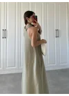 V Yaka Keten Uzun Oversize Cepli Haki Elbise