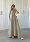 V Yaka Keten Uzun Oversize Cepli Haki Elbise