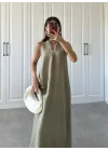 V Yaka Keten Uzun Oversize Cepli Haki Elbise