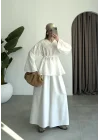 V Yaka Kuşaklı Beyaz Keten Gömlek