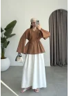 V Yaka Kuşaklı Kahve Keten Gömlek