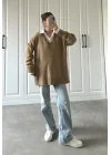 V Yaka Oversize Camel Triko Kazak