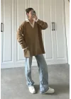 V Yaka Oversize Camel Triko Kazak