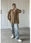 V Yaka Oversize Camel Triko Kazak