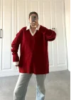 V Yaka Oversize Kırmızı Triko Kazak