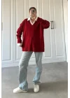 V Yaka Oversize Kırmızı Triko Kazak