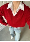 V Yaka Oversize Kırmızı Triko Kazak