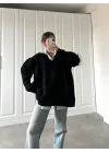 V Yaka Oversize Siyah Basic Kazak