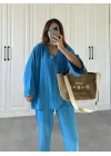 V Yaka Saks Mavi Gofre Takım