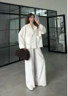 V Yaka Tek Düğme Keten Ekru Kimono Ceket