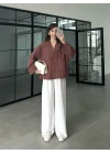 V Yaka Tek Düğme Keten Kiremit Kimono Ceket