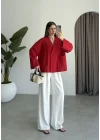 V Yaka Tek Düğme Keten Kırmızı Kimono Ceket