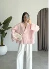 V Yaka Tek Düğme Keten Pembe Kimono Ceket