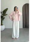 V Yaka Tek Düğme Keten Pembe Kimono Ceket