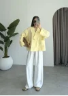 V Yaka Tek Düğme Keten Sarı Kimono Ceket