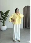 V Yaka Tek Düğme Keten Sarı Kimono Ceket