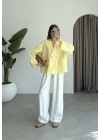 V Yaka Tek Düğme Keten Sarı Kimono Ceket