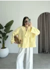 V Yaka Tek Düğme Keten Sarı Kimono Ceket