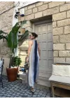 V Yaka Uzun İndigo Elbise