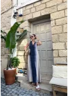 V Yaka Uzun İndigo Elbise