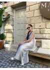 V Yaka Uzun İndigo Elbise