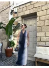 V Yaka Uzun İndigo Elbise