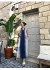 V Yaka Uzun İndigo Elbise