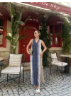V Yaka Uzun İndigo Elbise