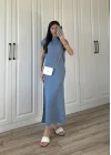 Yanları Yırtmaçlı Sırt Dekolteli Müslin İndigo Elbise