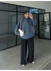 Zena Kruvaze Dik Yaka İndigo Trenç